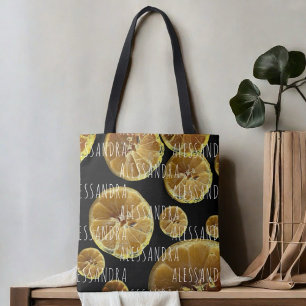 Monogram namn citronskivor svart gult vit tygkasse