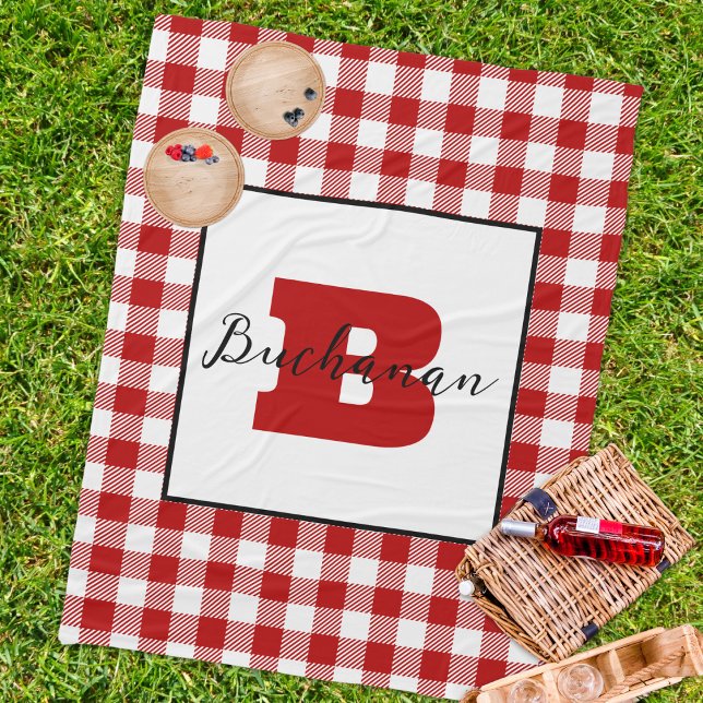 Monogram Namn Classic Red Picnic Fleecefilt (Classic picnic blanket custom monogram initial name red gingham pattern fleece blanket traditional)