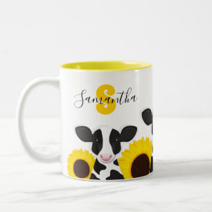 Monogram Namn Cow Blommigt Solros Två-Tonad Mugg
