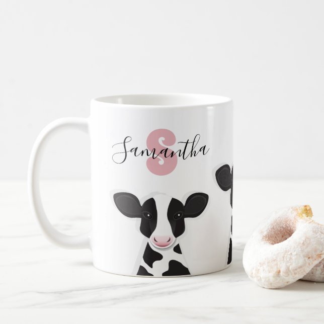 Monogram Namn Cow Rosa Black White Kaffemugg (Med munk)