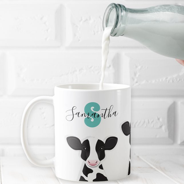 Monogram Namn Cow Teal Black White Kaffemugg (Skapare uppladdad)
