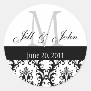 Monogram Namn Dag Damask Wedding Grått Black Runt Klistermärke