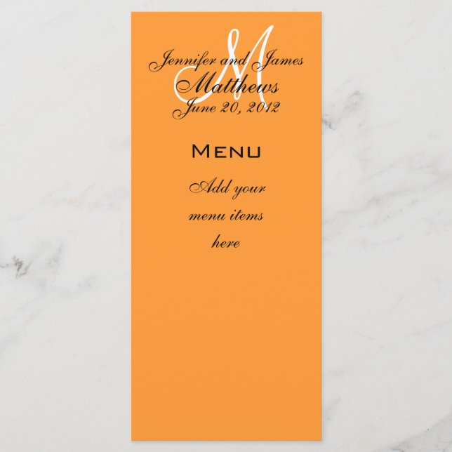 Monogram Namn Datum Bröllop Menu-kort, Orange Meny (Framsida)
