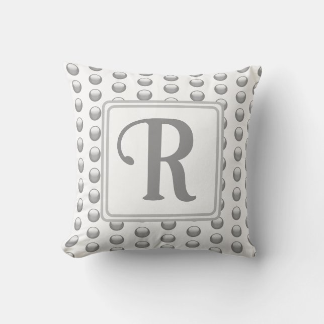 Monogram Namn Elegant Silver Polka Dot Initial Kudde (Framsida)