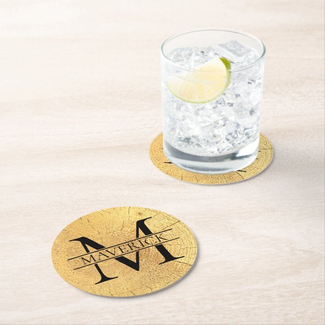 Monogram Namn Faux Natural Wood Struktur Underlägg Papper Rund (Insitu)