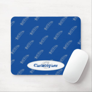 Monogram Namn Feathers Mönster White Blue Modern Musmatta