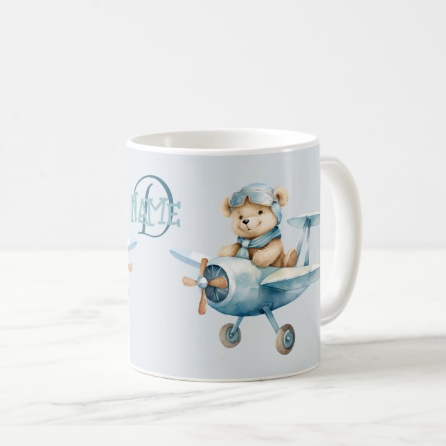 Monogram Namn-flygplan Lycklig Blue Bear Pilot Kaffemugg (Framsida höger)