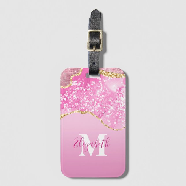 Monogram Namn, första Rosa Guld Glam Glitter Bagagebricka (Framsida vertikal)