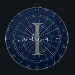 Monogram Namn - första skript, marin blå Darttavla<br><div class="desc">Med det moderna Namn-moderkortet för marint blått Grått Monogram-skript kan du enkelt redigera med ditt namn och börja med genom att klicka på knappen "Anpassa". Ändra färgen på text och bakgrund helt när du markerar länken Anpassa detta.</div>