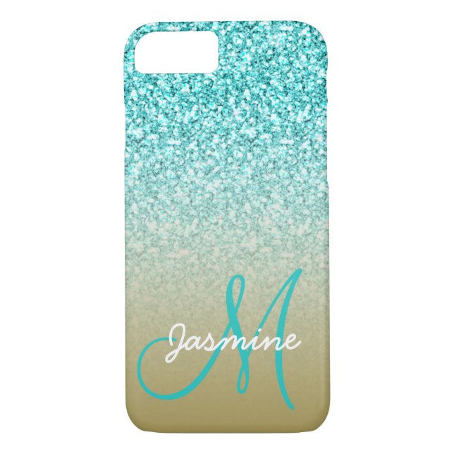 Monogram Namn Girly Teal Glitter Guld Ombre Case-Mate iPhone Skal (Baksida)