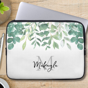 Monogram Namn Grönt Foliage Laptop Fodral