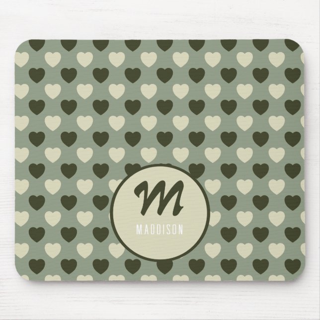 Monogram Namn Grönt Hearts Mönster Musmatta (Framsidan)