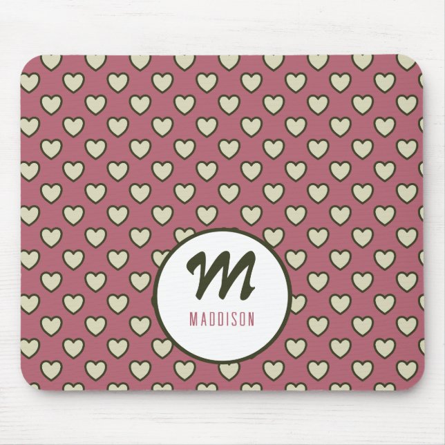 Monogram Namn Grönt Red Hearts Mönster Mouse Pad Musmatta (Framsidan)