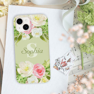 Monogram Namn Grönt Rosa Watercolor Blommigt