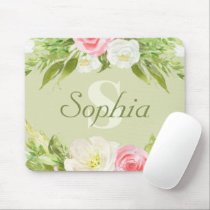 Monogram Namn Grönt Rosa Watercolor Blommigt Musmatta