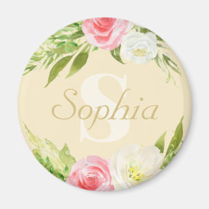Monogram Namn Gult Rosa Watercolor Blommigt Magnet