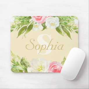 Monogram Namn Gult Rosa Watercolor Blommigt Musmatta