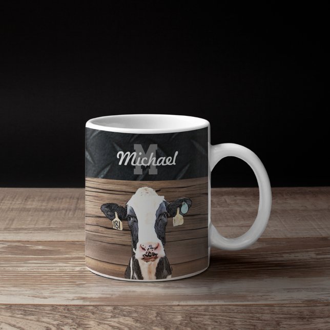 Monogram Namn Holstein Cow Dairy Farm Livestock Kaffemugg (Holstein Cow Monogram Coffee Mug. Livestock Milking Cows Dairy Farmer Gift.)