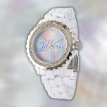 Monogram Namn i blått Mor på pärlen | Armbandsur<br><div class="desc">En vacker Rhinestone White Enamel-klocka för kvinnor med monogram namn i blått på mor-av-pärlbakgrund.</div>