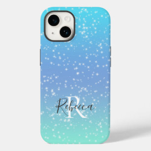 Monogram Namn Initial Blå Grön Glitter Girlig