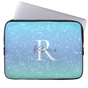 Monogram Namn Initial Blå Grön Glitter Girlig Laptop Fodral