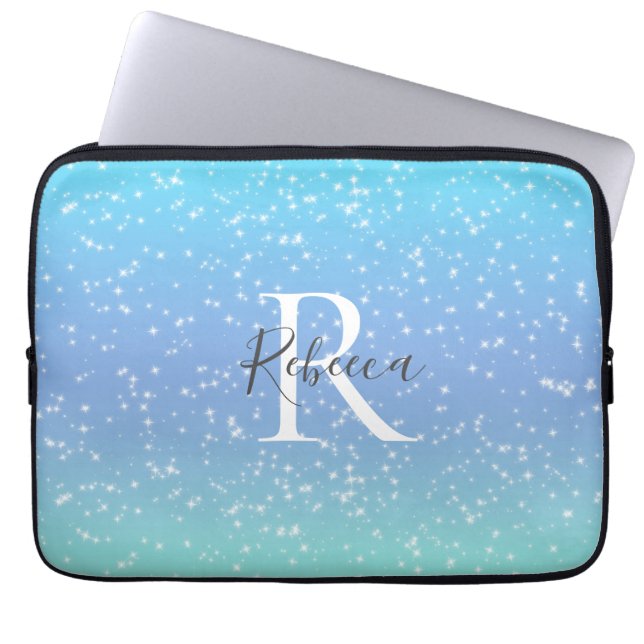 Monogram Namn Initial Blå Grön Glitter Girlig  Laptop Fodral (Framsidan)