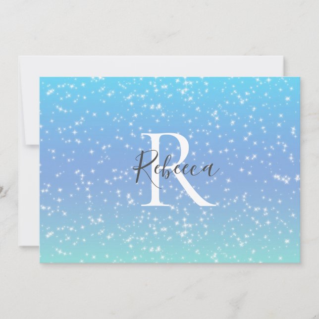 Monogram Namn Initial Blå Grön Glitter Girlig  Tack Kort (Framsida)