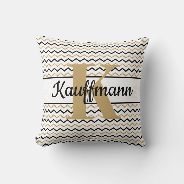 Monogram Namn Initial Black White Guld Chevron Zig Kudde (Framsida)