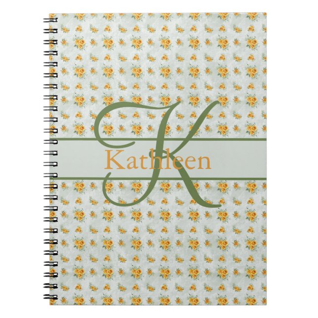 Monogram Namn Initial Gul Grön Blommig Journal Anteckningsbok (Framsidan)