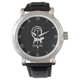 Monogram Namn Initial Katt Katt Älskare Svart Vitt Armbandsur