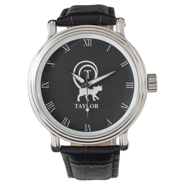 Monogram Namn Initial Katt Katt Älskare Svart Vitt Armbandsur (Framsida)