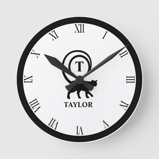 Monogram Namn Initial Kattunge Älskare White Black Rund Klocka (Framsida)