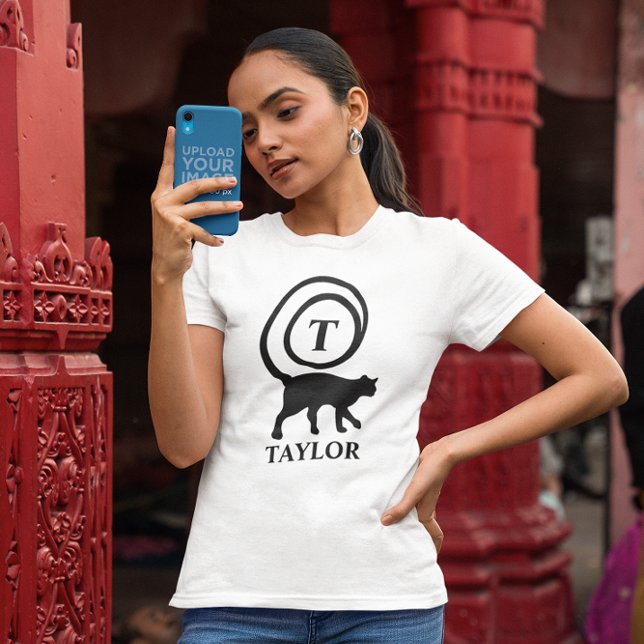 Monogram Namn Initial Kattunge Älskare White Black T Shirt (Skapare uppladdad)