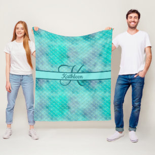Monogram Namn Initial Mermaid Blå Lila Grön Fleecefilt