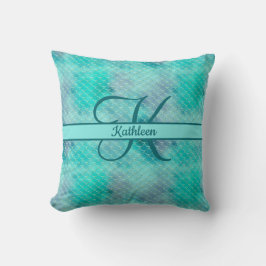 Monogram Namn Initial Mermaid Blå Lila Grön Kudde