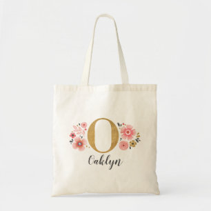 Monogram Namn Initial Rosa Guld Blommig Tygkasse