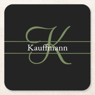Monogram Namn Initial Skrift Svart Grön Vit Underlägg Papper Kvadrat