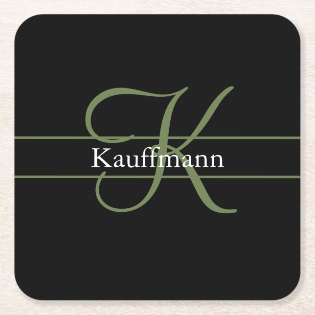 Monogram Namn Initial Skrift Svart Grön Vit Underlägg Papper Kvadrat (Framsidan)