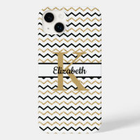 Monogram Namn Initial Svart Guld Chevron Sicksack