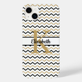 Monogram Namn Initial Svart Guld Chevron Sicksack