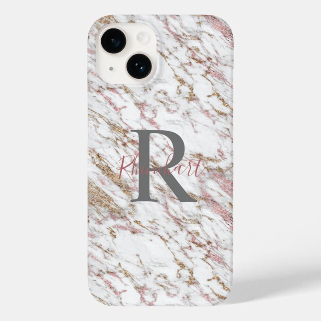 Monogram Namn Initial Vit Grå Guld Rosa Marmor  (Baksida)