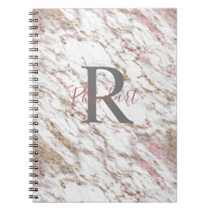 Monogram Namn Initial White Grått Guld Rosa Marble Anteckningsbok