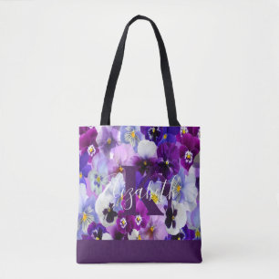Monogram Namn Initialer Lila Pansy Blommig Trendig Tygkasse