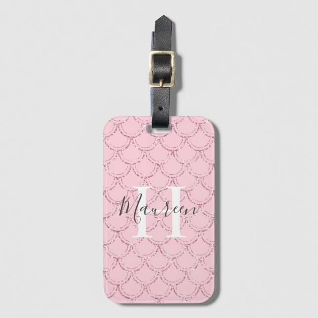Monogram Namn Initialer Rosa Fjäll Glitter Bagagebricka (Framsida vertikal)