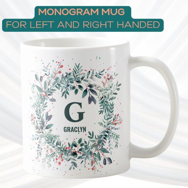 Monogram Namn jul Greenery Kaffemugg (Skapare uppladdad)