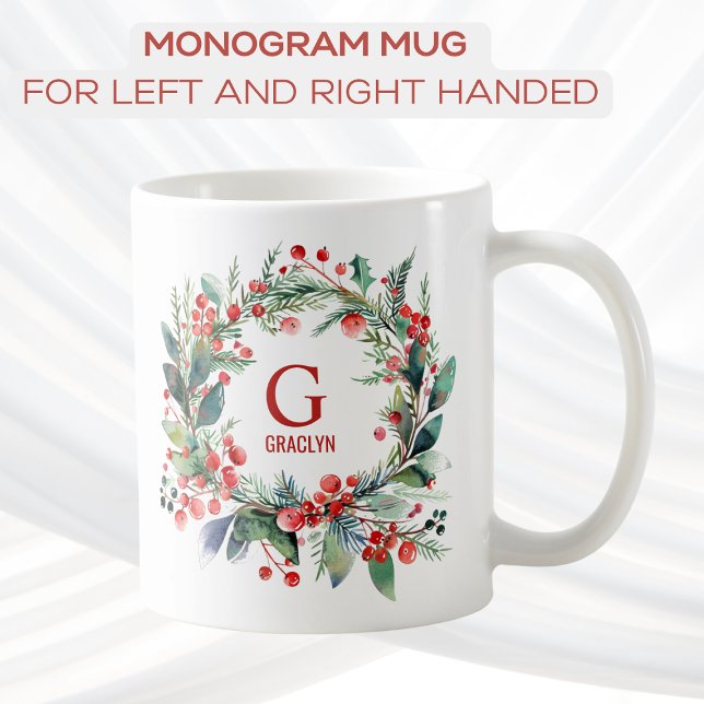Monogram Namn jul Greenery Kaffemugg (Skapare uppladdad)