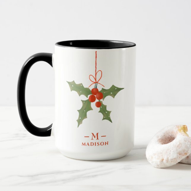 Monogram Namn jul Holly Winter Blommigt Mugg (Med munk)
