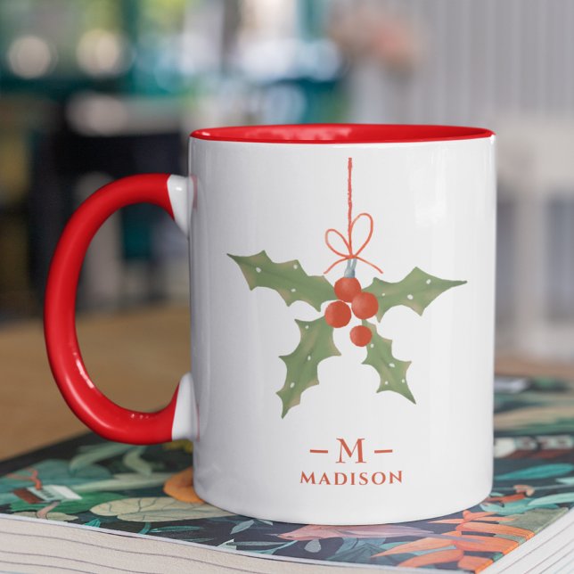 Monogram Namn jul Holly Winter Blommigt Mugg (Skapare uppladdad)