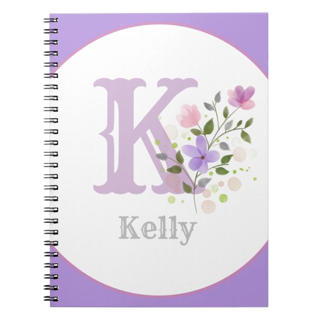 Monogram & namn Kelly med blommor Anteckningsbok (Framsidan)