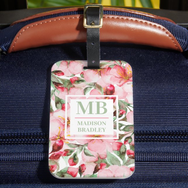 Monogram Namn Körsbärsblom Vattenfärg Blommig Bagagebricka (Framsida Insitu 2)